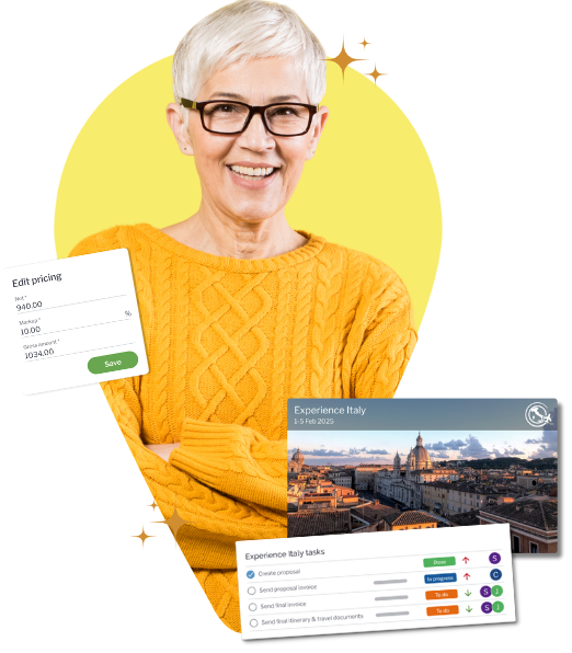 2024 website redesign (2) Confident tour operator surrounded by her software